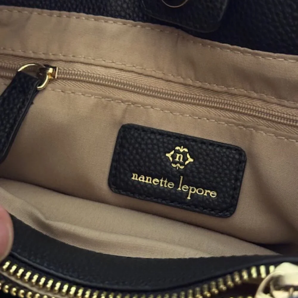 Nanette Lepore black leather and beige canvas shoulder handbag (#102) - Picture 6 of 8